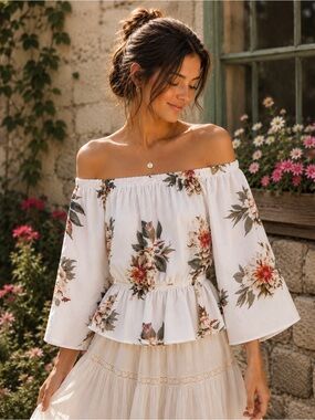 Floral Peasant Off Shoulder Blouse Cottagecore Boho Romantic Bell Sleeve L Fairy